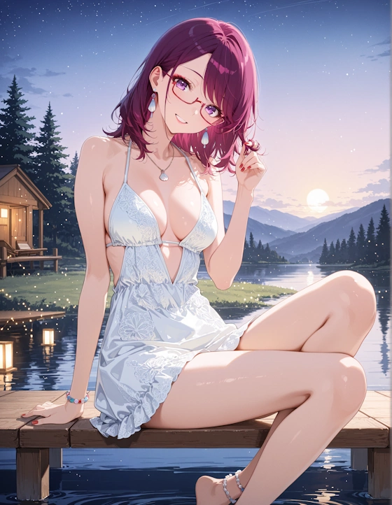 Mio with pink-white gradient hair and red-framed glasses, thoughtful dreamer